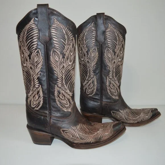 Circle G Feather Embroidered Snip Toe Western Boots - Picture 2 of 11